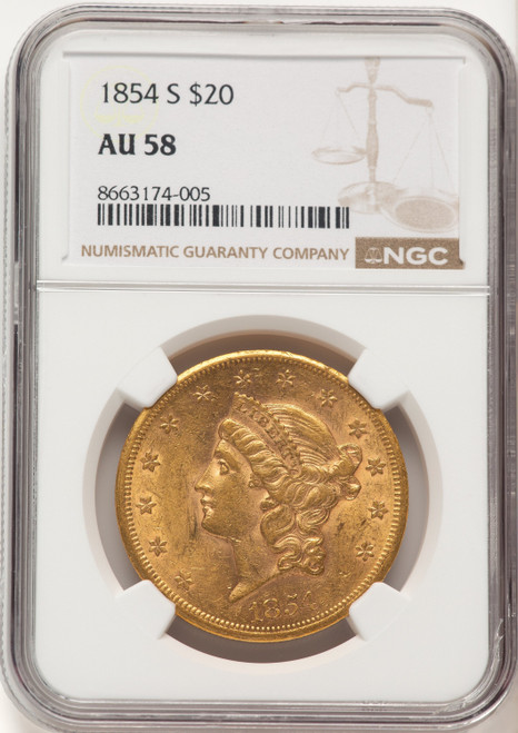 1854-S $20 Liberty Double Eagle NGC AU58
