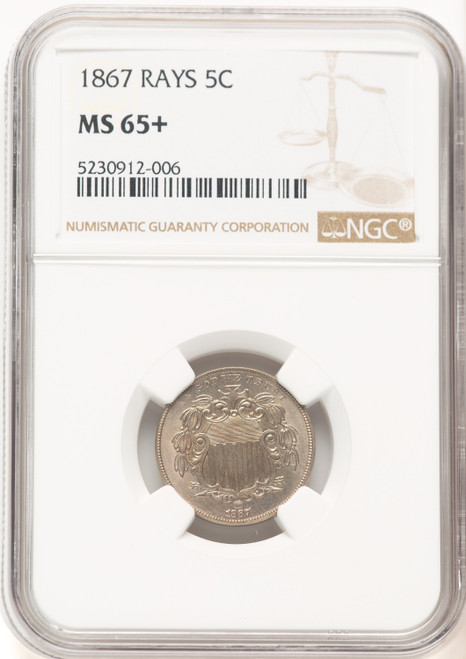1867 5C RAYS Shield Nickel NGC MS65+