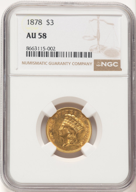 1878 $3 Three Dollar Gold Pieces NGC AU58 (780258025)