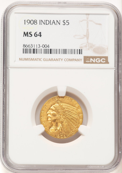 1908 $5 Indian Indian Half Eagle NGC MS64 (780368064)
