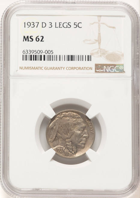 1937-D 5C Three-Legged FS-901 Buffalo Nickel NGC MS62