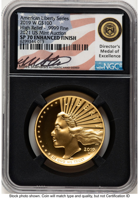 2019-W G$100 American Liberty High Relief Enhanced 2021 US Mint Auction Miles Standish NGC MS70