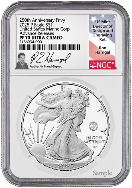 2025-P Silver Eagle 250th Anniversary U.S. Marines Privy AR NGC PF70 Harrigal