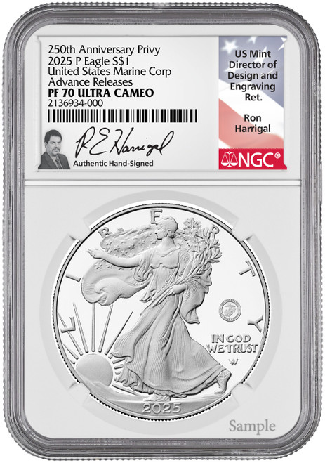 2025-P Silver Eagle 250th Anniversary U.S. Marines Privy AR NGC PF70 Harrigal