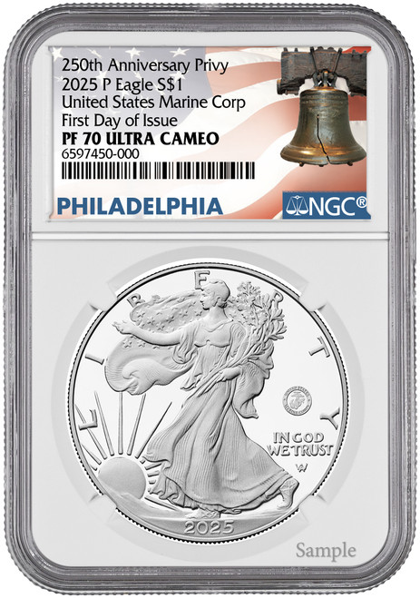 2025-P Silver Eagle 250th Anniversary U.S. Marines Privy FDI NGC PF70 Bell Label