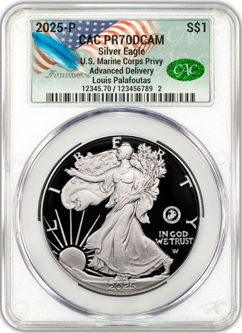 2025-P Silver Eagle 250th Anniversary U.S. Marines Privy AD CAC PR70 Founders