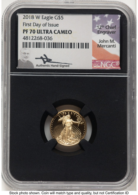 2018-W Proof Gold Eagle 1/10 oz FDI John NGC PF70 Mercanti