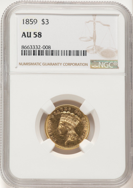 1859 $3 Three Dollar Gold Pieces NGC AU58
