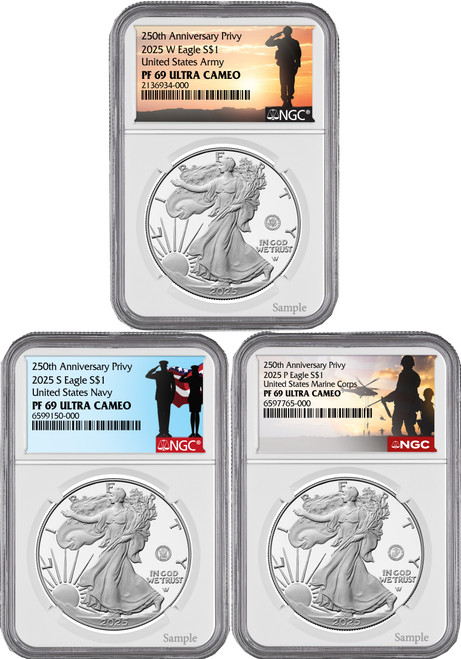 2025 250th Anniversary Army/Navy/Marine Privy Silver Eagle 3-Coin Set NGC PF69