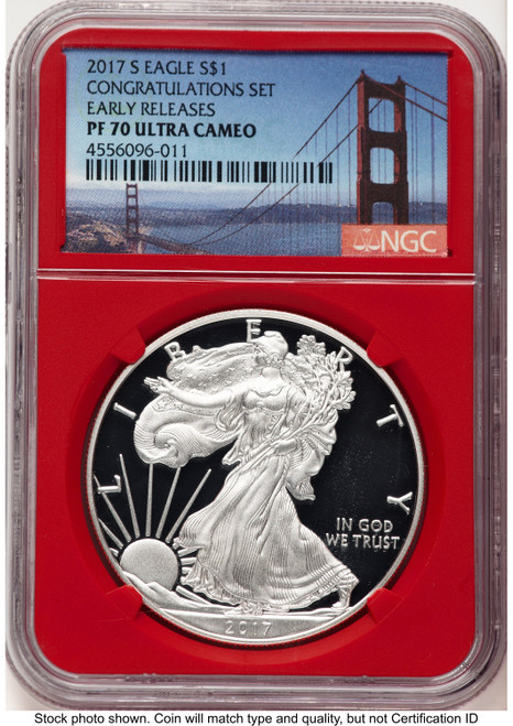 2017-S Proof Silver Eagle Congratulations Set 1 oz ER San Francisco Bridge Label Red Core NGC PF70