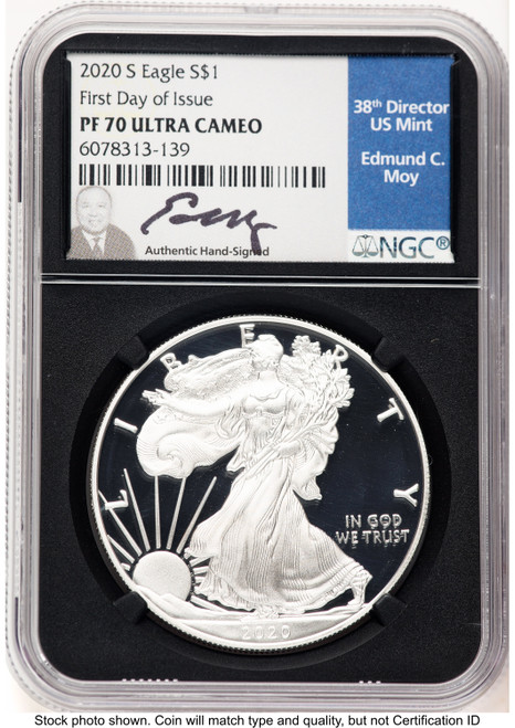 2020-S Proof Silver Eagle 1 oz FDI NGC PF70 Ed Moy
