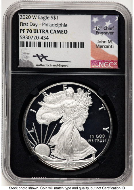 2020-W Proof Silver Eagle 1 oz FDI John Philadelphia NGC PF70 Mercanti