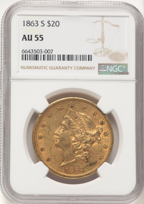 1863-S $20 Liberty Double Eagle NGC AU55