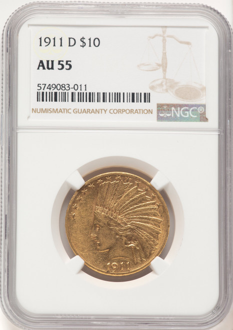 1911-D $10 Brown Label Indian Eagle NGC AU55