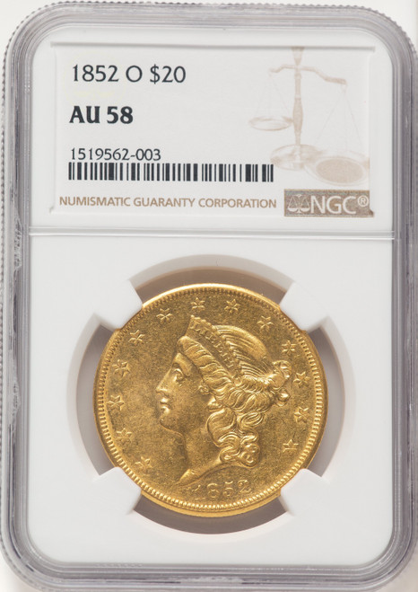 1852-O $20 Brown Label Liberty Double Eagle NGC AU58