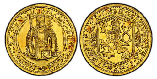 By J. Benda (Obv.) & O. Spaniel (Rev.). Edge: Milled. Czech lion with Slovak shield denomination divides date below / Duke Wenceslas (Vaclav) half-length figure facing. KM 9; Friedberg 1; Novotny 17. World Coins PCGS MS64