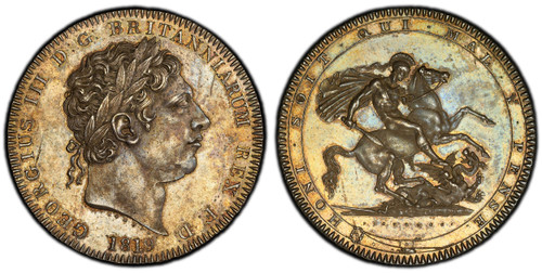 GEORGIUS III D: G: BRITANNIARUM REX F: D:. Laureate head right / HONI SOIT QUI MAL .Y PENSE. St. George slaying dragon right. KM 675; SCBC-3787; Dav.-103. World Coins PCGS MS63