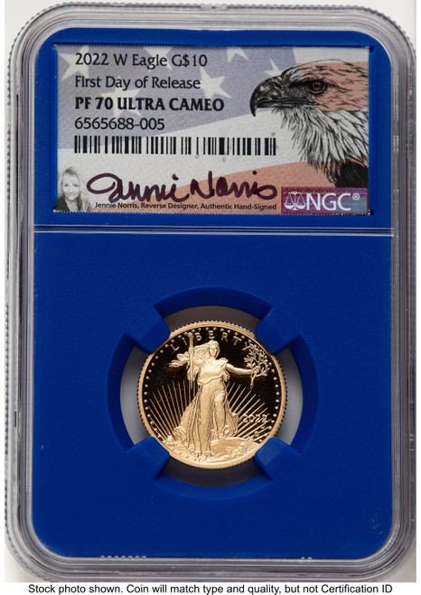 2022-W Proof Gold Eagle 1/4 oz FDR Jennie Blue Core NGC PF70 Norris