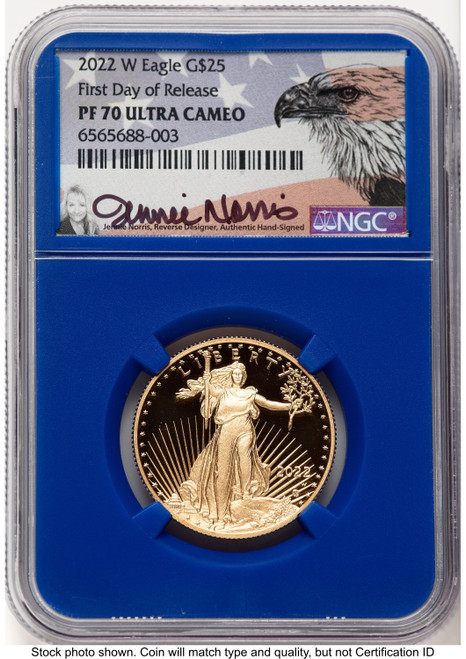 2022-W Proof Gold Eagle 1 oz FDR Jennie Blue Core NGC PF70 Norris