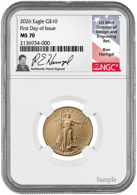 2026 1/4 oz American Gold Eagle First Day of Issue NGC MS70 Ron Harrigal
