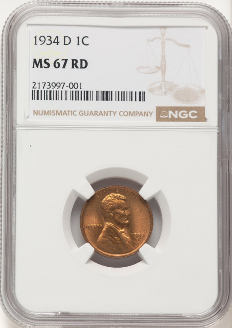 1934-D 1C RD Lincoln Cent NGC MS67 (782214003)
