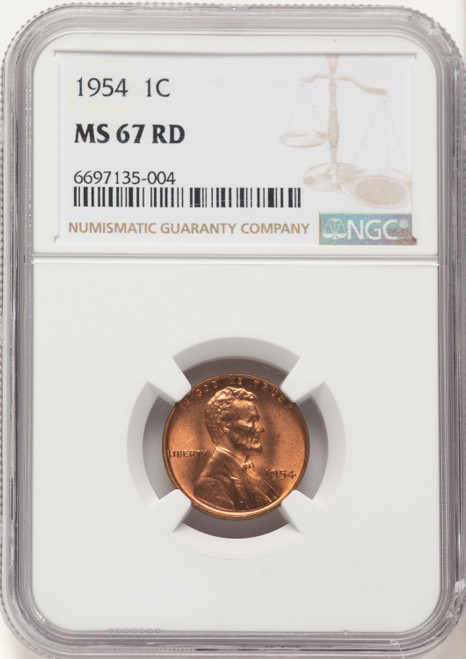 1954 1C RD Lincoln Cent NGC MS67 (782214006)