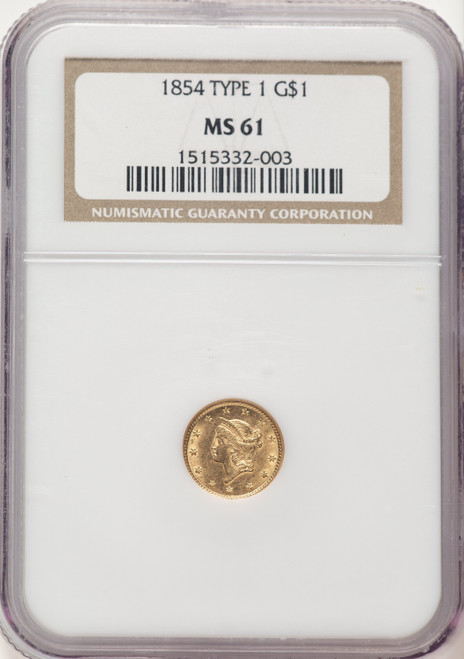 1854 G$1 T-1 Gold Dollar NGC MS61