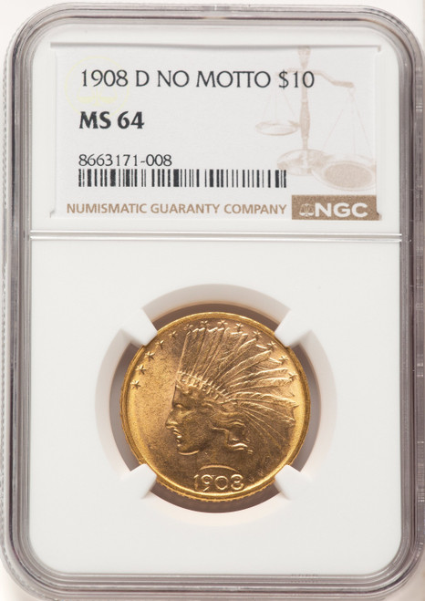 1908-D $10 NO MOTTO Indian Eagle NGC MS64 (780365037)