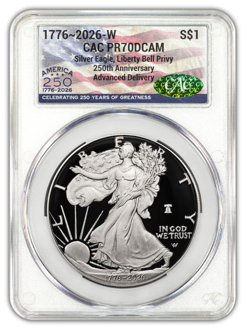 2026 W Silver Eagle Liberty Bell Battlefield 250 Privy AD CAC PR70 (1776–2026)