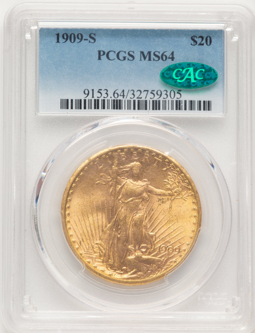 1909-S $20 CAC Saint-Gaudens Double Eagle PCGS MS64