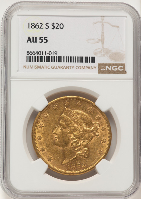 1862-S $20 Liberty Double Eagle NGC AU55