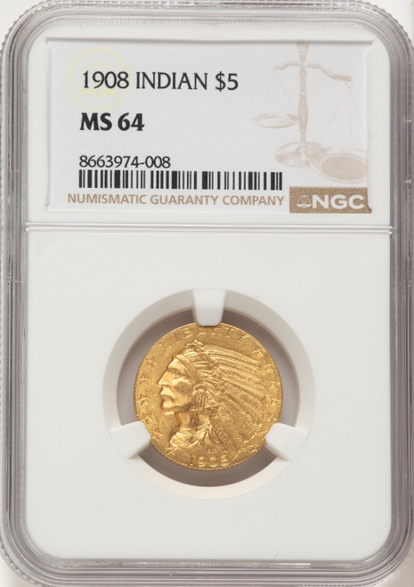 1908 $5 Indian Half Eagle NGC MS64