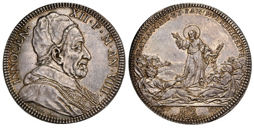 . ITALIAN STATES. Papal States. Innocent XII Antonio Pignatelli. (Pontiff 1615-1691-1700). 1698-VIII AR Piastra Scudo of 80 Bolognini. NGC MS61. Rome. INNOCEN·XII·P·M·AN·VII·// S.VRBA·OP·. Capped bust right; signed below truncation / GRATIA·VOBIS