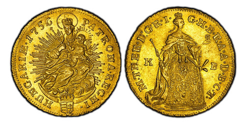 HUNGARY. Maria Theresia. (Holy Roman Empress 1740-1780) . 1756-K-B AV Ducat. PCGS MS62. Kremnitz. 3.49gm. M · THER · D · G · R · I · - G · H · B · R · A · A · D · B · C · T ·. Standing figure / PATRONA REGNI - HUNGARIÆ · date. Radiant Ma