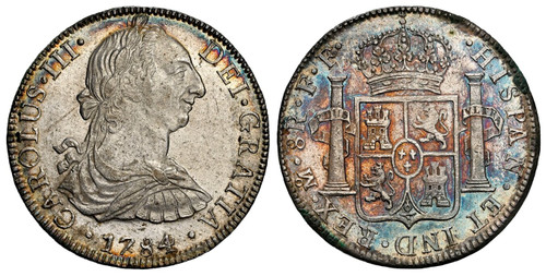 MEXICO. Charles III. 1784-Mo FF AR 8 Reales. NGC AU58. Mexico City. CAROLUS · III · DEI · GRATIA ·. Armored bust of Charles III right / · HISPAN · ET IND · REX · ... Crowned shield flanked by pillars with banner normal initials and mint mark. KM 1