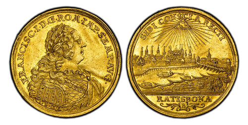 GERMAN STATES. Regensburg. Francis I. (1745-65) I.L.OE. AV Ducat. PCGS AU58. By Johann Leonhard Oexlein. 3.49gm. FRANCISC · - I · D · G · ROM · IMP · SEMP · AVG ·. Armored laureate bust right / City view. KM 306; Fr.-2538; Beckenbauer 448. Plato 6
