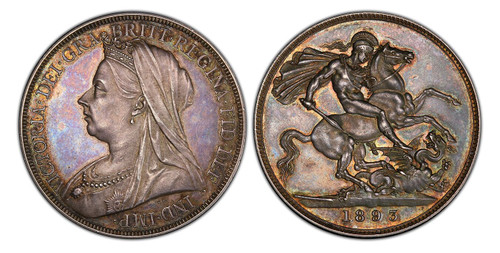 GREAT BRITAIN. Victoria. (Queen 1837-1901). 1893-LVI AR Crown. PCGS PR62. Edge: DECVS ET TVTAMEN ANNO REGNI. VICTORIA · DEI · GRA · BRITT · REGINA · FID · DEF · IND · IMP. Mature draped bust left / St. George slaying dragon right. KM 783. Proof; S