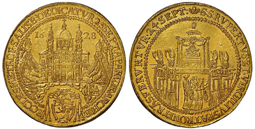 AUSTRIAN STATES. Salzburg. Paris von Lodron. (Prince-Archbishop 1619-1653). 1628 AV 8 Ducats. NGC MS61. 27.77gm. ECCLES • METROP • SALISB : DEDICATVR 25. SEPT : APARIDE • ARCHIE. Cathedral divides date with saints at sides in inner circle arms below