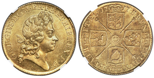 GREAT BRITAIN. George I. 1717 AV Two Guineas. NGC MS63. GEORGIUS · D · G · M · BR · FR · ET · HIB · REX · F · D ·. Laureate head right / BRVN - ET · L · DVX - S · R · I · A · TH - ET · EL ·. Crowned shields in cruciform sceptres at angl