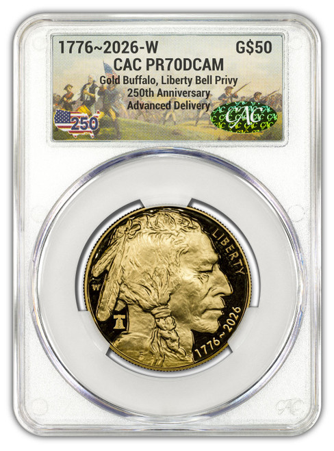 2026-W 1 oz Proof Gold Buffalo AD Battlefield Liberty Bell CAC PR70 (1776-2026)
