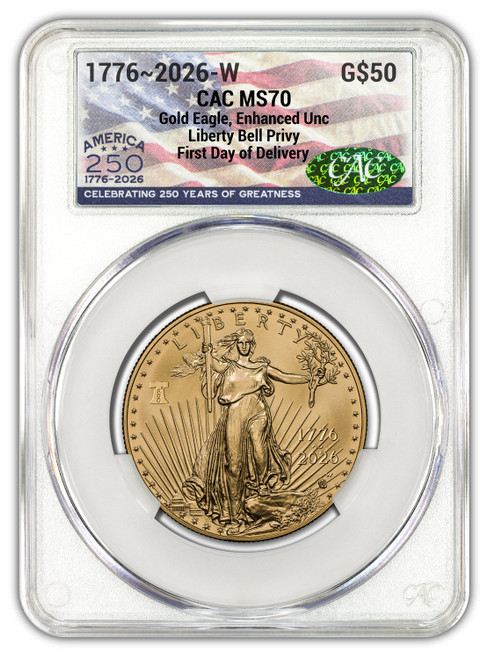 2026-W 1 oz Burnished Gold Eagle 250 Liberty Bell FDD CAC MS70 (1776-2026)