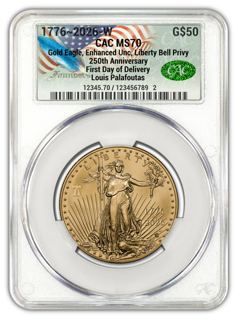 2026-W 1 oz Burnished Gold Eagle 250 Liberty Bell FDD CAC MS70 (1776-2026) Founders