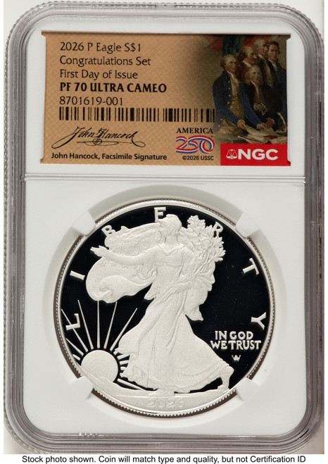 2026-P Proof Silver Eagle Congratulations Set 1 oz FDI America 250 John Hancock Label NGC PF70