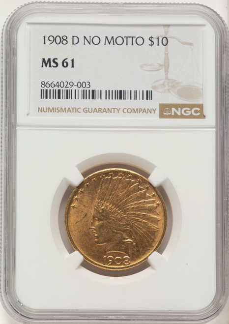 1908-D $10 NO MOTTO Indian Eagle NGC MS61