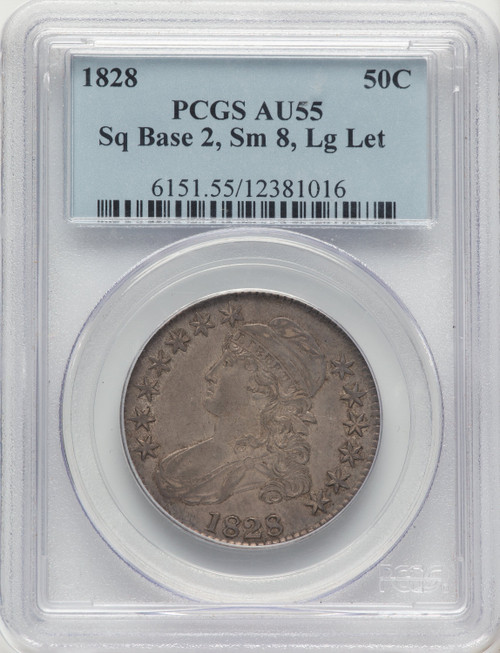 1828 50C Sq Base 2 Sm 8 Lg Let Bust Half Dollar PCGS AU55