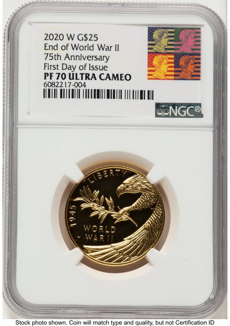 2020-W 1/2 oz Proof Gold End of World War II 75th Anniversary FDI Reagan Bust Art Modern Issues NGC MS70