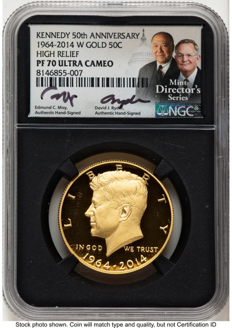 2014-W 50C Gold JFK 50th Anniversary /David J Ryder Mint Director's Series Proof Kennedy Half Dollar NGC PR70 Ed Moy