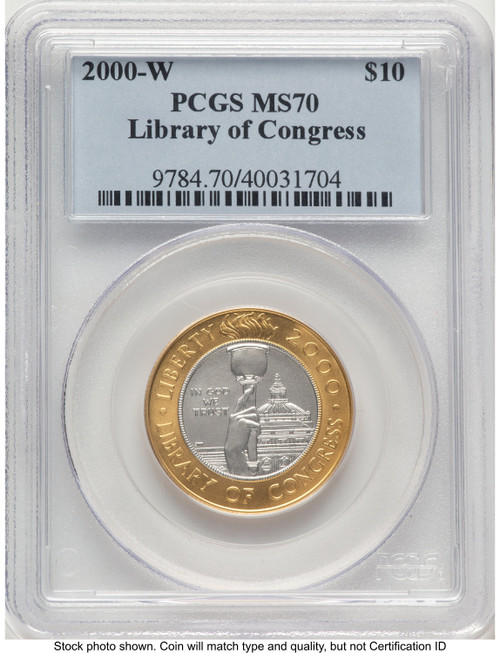 2000-W $10 Library of Congress Bi-Metallic Gold 0.2509 oz and Platinum 0.2509 oz Blue Label Modern Issues PCGS MS70