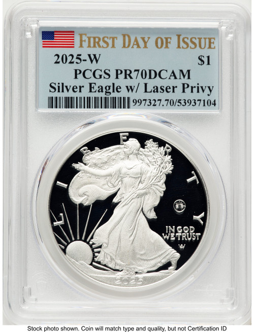2025-W Proof Silver Eagle Privy Laser Engraved 1 oz FDI Flag PCGS PR70