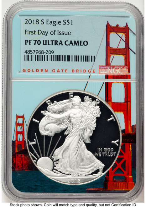2018-S Proof Silver Eagle 1 oz FDI San Francisco Golden Gate Bridge Core/Label NGC PF70